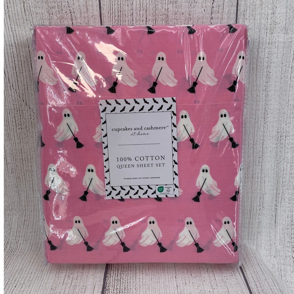 Cupcakes and Cashmere Sheet Set QUEEN Pink Ghost Halloween 100% Cotton Whimsical